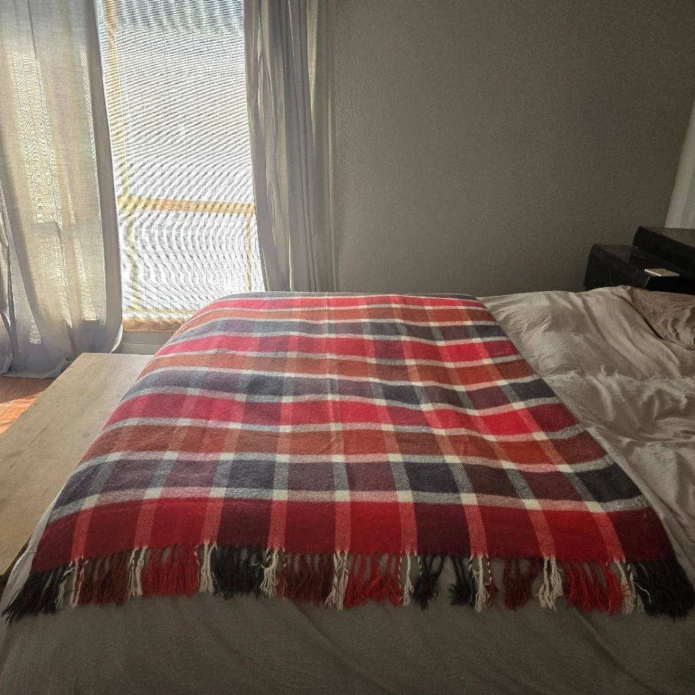 Ikea Vinterfint Wool Blend Cozy Red Plaid Boho Throw Blanket with Fringe
